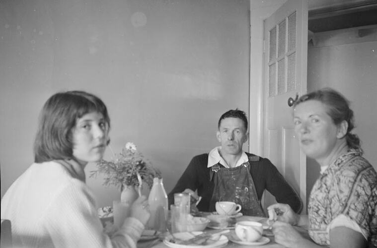Digital Photograph - Family Eating Dinner in Breakfast Room, Ivanhoe, 1955