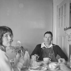 Digital Photograph - Family Eating Dinner in Breakfast Room, Ivanhoe, 1955