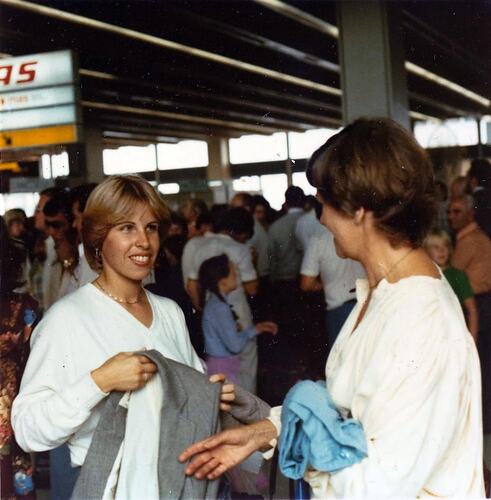 Digital Photograph - Woman Saying Goodbye to Godmother, leaving for Overseas Working Holiday, Tullamarine Airport, 1979