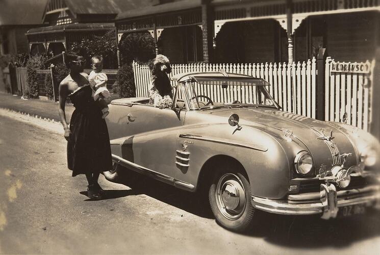 Digital Photograph - Wife, First Baby, New Austin A40 Convertible, Dog & Home, Elwood, 1950