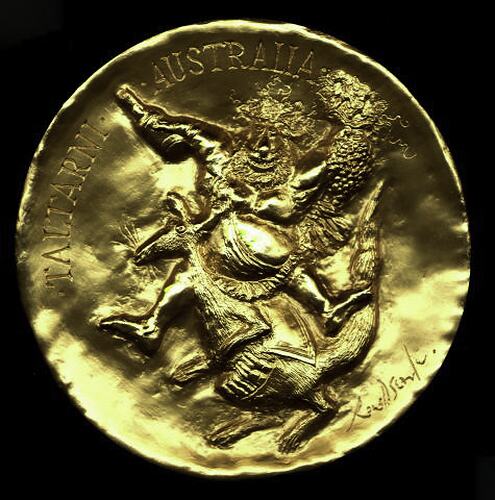 Round medal with mythological figure Bacchus holding bottle and bunch of grapes riding a Kangaroo.