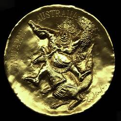 Round medal with mythological figure Bacchus holding bottle and bunch of grapes riding a Kangaroo.