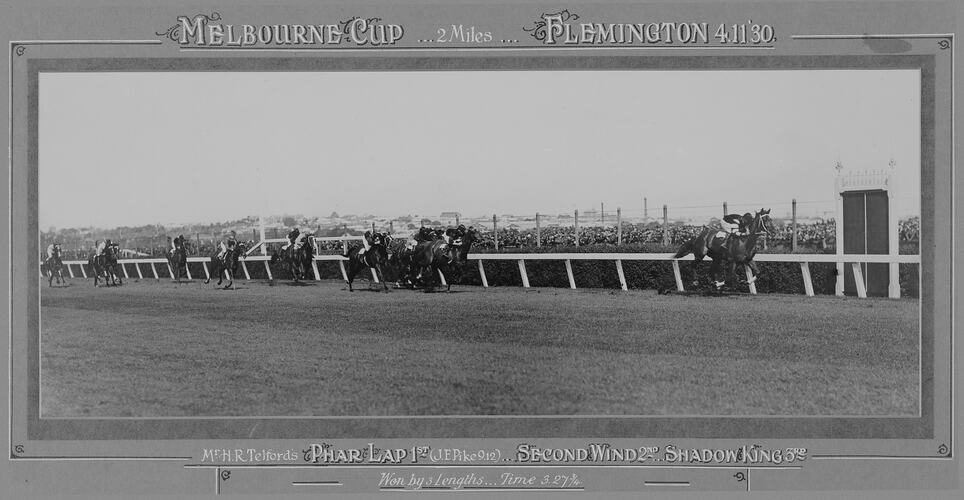 Phar Lap wins the Melbourne Cup, 4 November 1930 with jockey J.E. Pike