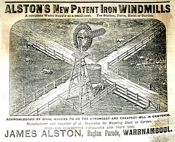Advertisement - James Alston, 'Alston's New Patent Iron Windmills', 1891
