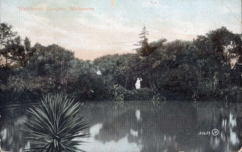 Postcard - Lake & Gardens, Exhibition Building, Valentine & Sons, Melbourne, circa 1905