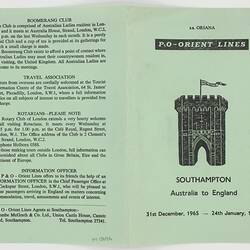 Leaflet - Southampton, P&O Orient Line, Australia to England, 1965