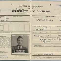 Discharge certificate with print, handwriting, stamps and a photograph.