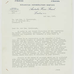 Letter - Funds Transfer Approval, Myerscough, 1963
