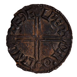Coin, round, long cross voided; text around, + AEDELPER D MO LVND  (Aethelwerd moneyer London).