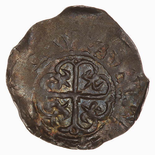 Coin, round, at the centre within a line circle a cross moline with fleur-de-lis in each angle; text around.