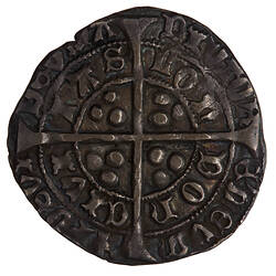 Coin, round, long cross pattee dividing legend; text around in two concentric circles.