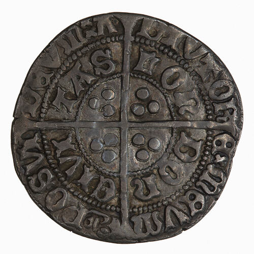 Coin, round, long cross pattee which divides legend; text around.