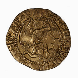 Coin, round, man standing, both feet on fallen dragon which he is spearing in the mouth; text around.