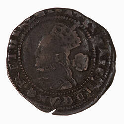 Coin, round, Crowned bust of the queen facing left in ruff and embroided dress; behind, rose; text around.