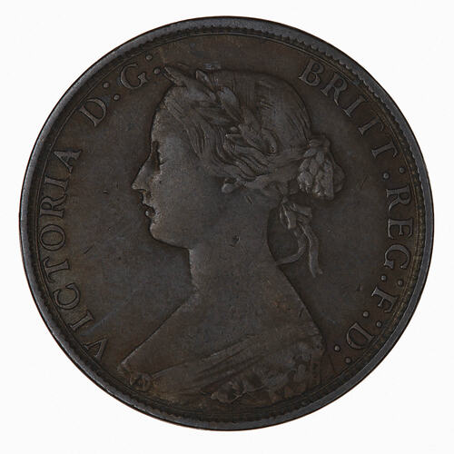 Coin - Halfpenny, Queen Victoria, Great Britain, 1870 (Obverse)