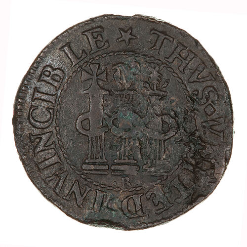 Pattern Coin, round, within a rope circle three pillars surmounted by a cross, Irish harp and thistle.
