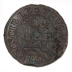 Pattern Coin, round, within a rope circle three pillars surmounted by a cross, Irish harp and thistle.
