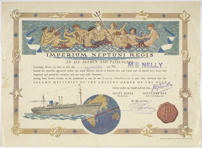 Certificate showing a boat and mermaids.