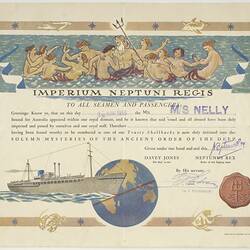 Certificate - Crossing the Equator, MS Nelly, Wittusen & Jensen AS, 3 Jun 1950