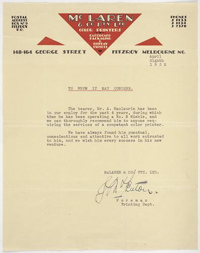 Letter - for AG Maclaurin, from McLaren & Co., 8th April 1932