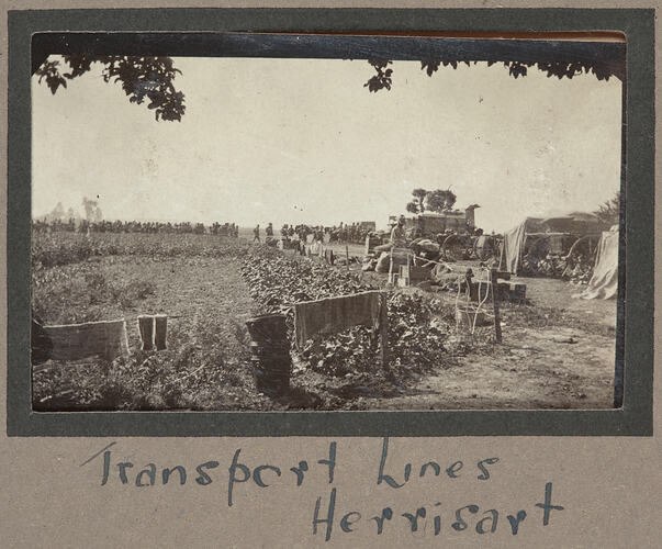 Convoy of soldiers and horse drawn carts on side of road, with crates unpacked next to fenced off garden.
