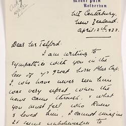 Letter - Robinson to Telford, Phar Lap's Death, 12 Apr 1932