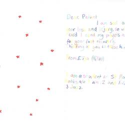 White page with colourful drawing of red stars and handwritten text.