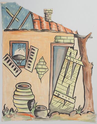 Cotton with painting of rundown cottage.