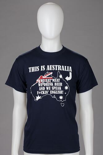 Blue t-shirt, Australian map, flag, and phrase logo.