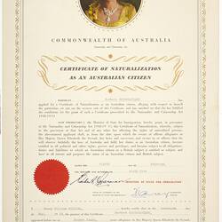 Naturalization Certificate - Issued to Barbara Condurateanu, Commonwealth of Australia, 1965