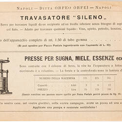 Catalogue in Italian text, with a table & image.