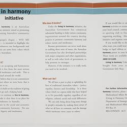 Leaflet - Living In Harmony Initiative, Department of Immigration & Multicultural Affairs, circa 1998-1999