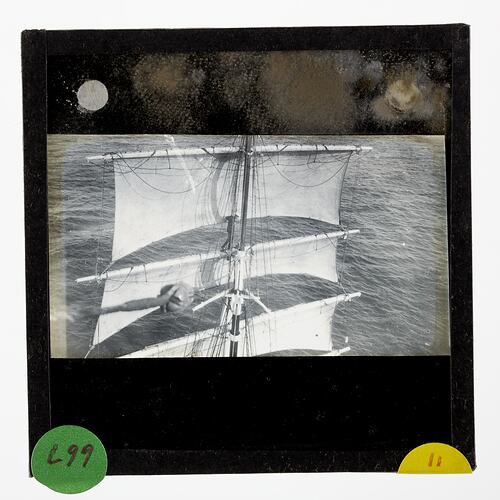 Lantern Slide - Sail Set, Stern View, SY Discovery, BANZARE Voyage 1, Antarctica, 1929-1930