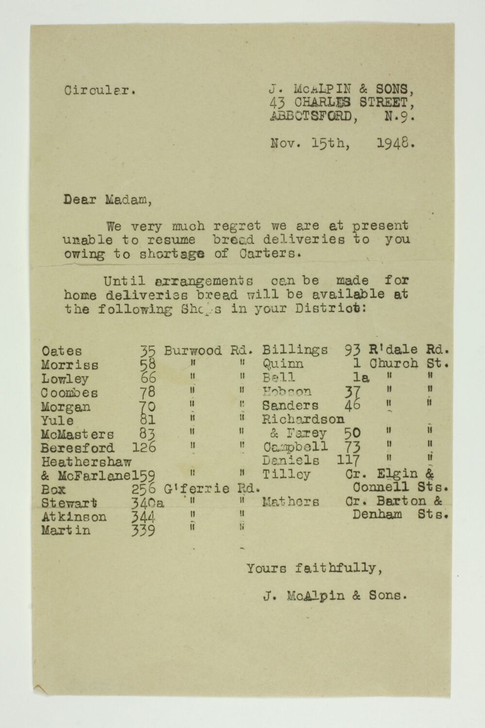 Leaflet Bread Delivery, J. McAlpin & Sons, Abbotsford, Victoria, 1948