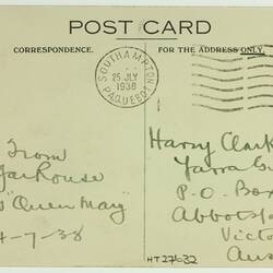 Postcard - From Mr Edgar Rouse to Mr Harry Clarke Jnr, RMS 'Queen Mary', Cunard  White Star, 24 Jul 1938