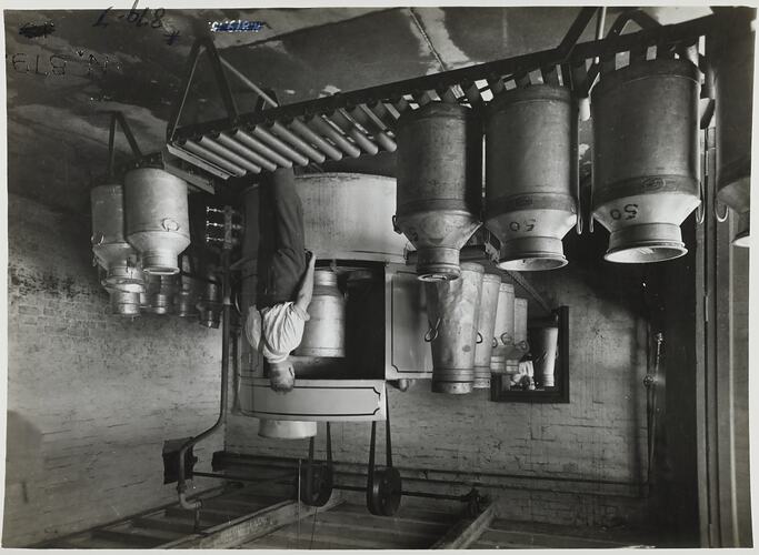 Photograph - Schumacher Mill Furnishing Works, Factory Interior with Milk Cans, Port Melbourne, Victoria, circa 1940s