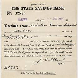 Deposit Slip - State Savings Bank of Victoria, Walwa, 9 Jan 1951