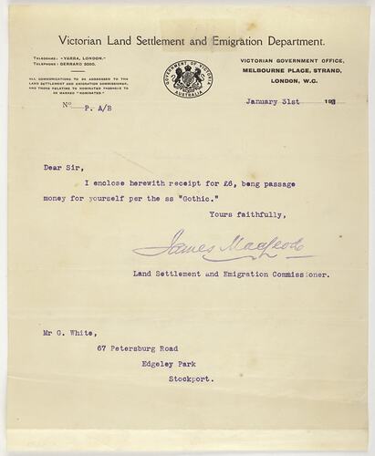 Letter - James MacLeod to George White, Receipt of Passage Money, 31 Jan 1912