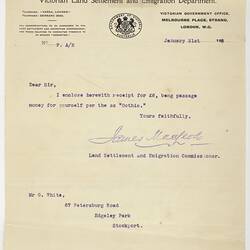 Letter - James MacLeod to George White, Receipt of Passage Money, 31 Jan 1912