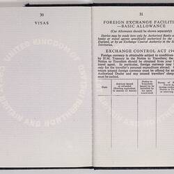 Open passport with white pages and black printed text.