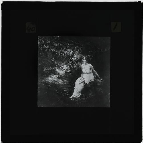 Black and white photograph of a girl in white dress next to a wattle tree.