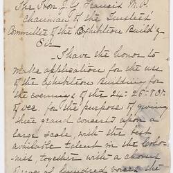Letter - Application for Concert, Will E. Chapman to James G. Francis, Chairman of Exhibition Trustees, 17 Nov 1881