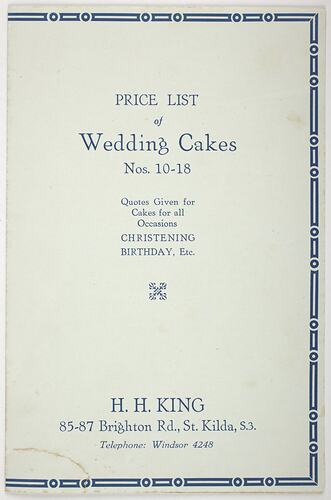 Price List - Wedding Cakes, H.H. King, 1930s
