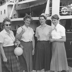 Photograph - Isobel Bennett, Susan Ingham, Mary Gillham & Hope Macpherson Before Boarding Thala Dan, Appleton Dock, West Melbourne, Dec 1959
