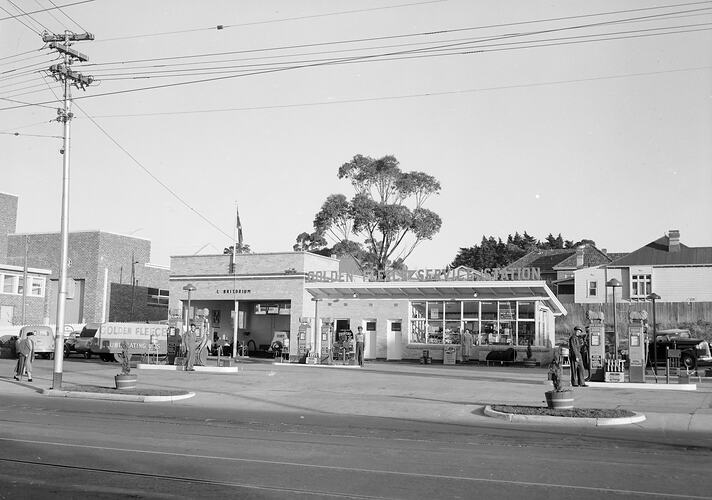 Negative - HC Sleigh Ltd, Employees Standing Oustide Golden Fleece Service Station, Balwyn, Victoria, May 1954