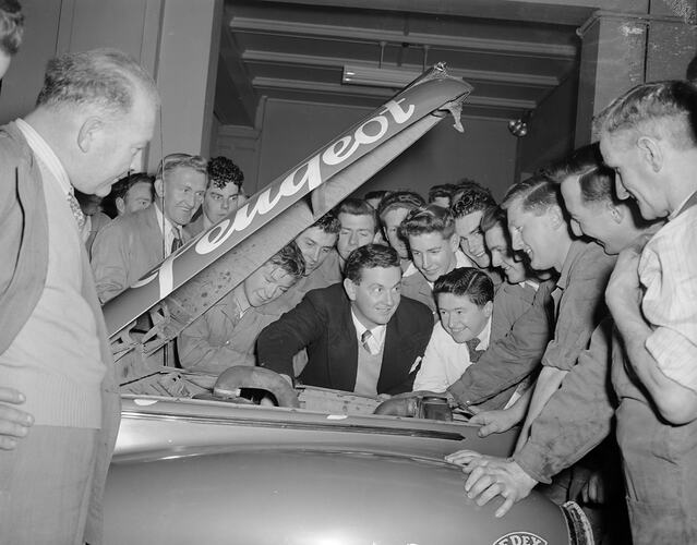 Negative - Redex, Crowd Surrounding a Peugeot Motor Car, Melbourne Town Hall, Melbourne, Victoria, May 1954