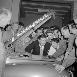Negative - Redex, Crowd Surrounding a Peugeot Motor Car, Melbourne Town Hall, Melbourne, Victoria, May 1954