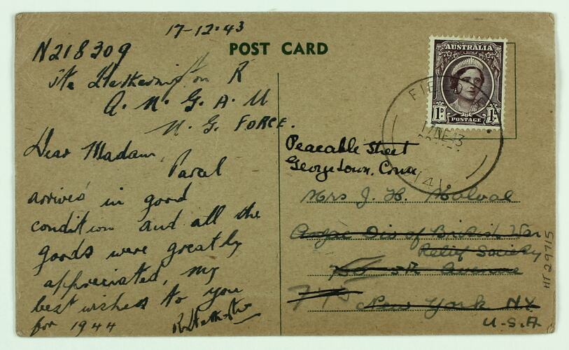 Postcard - Australian Comforts Fund, R. Hetherington, to Mrs. J. H Malval, 17 Dec 1943