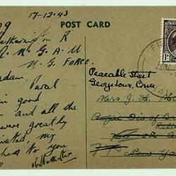 Postcard - Australian Comforts Fund, R. Hetherington, to Mrs. J. H Malval, 17 Dec 1943