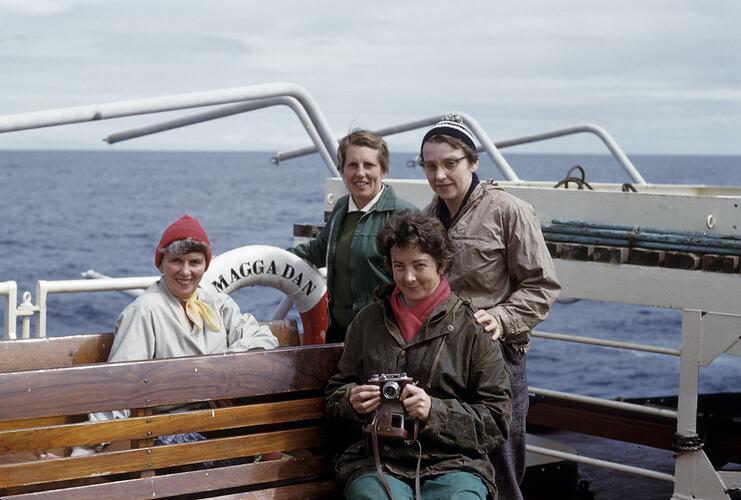 Isobel Bennett, Elise Wollaston, Hope Macpherson & Ann Savours on Deck Magga Dan, 1960